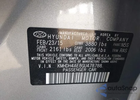 2016 Hyundai Elantra Se from USA, damaged, VIN KMHDH4AE8GU478788